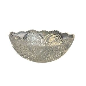 VTG Crystal Glass Bowl Pressed Glass Hobstar Diamond Cut Scalloped Edge MCM